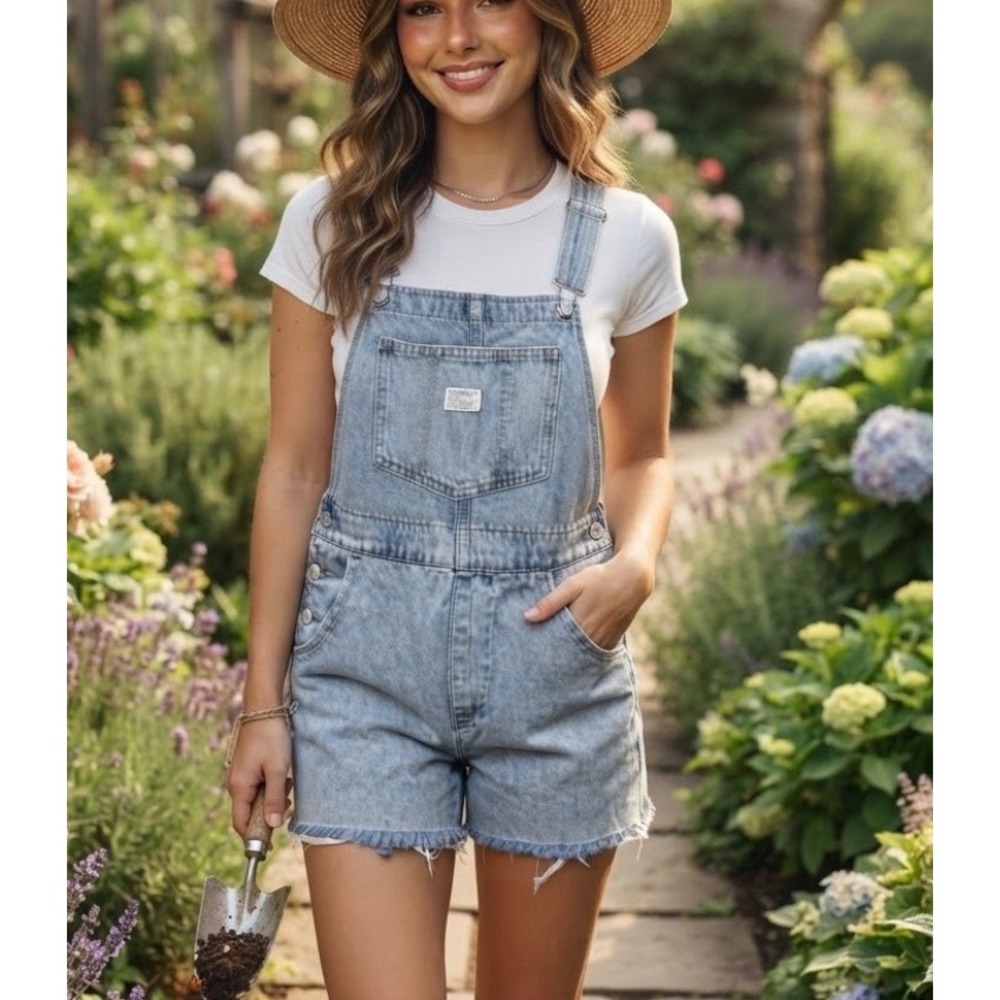 Levis Denim Shortalls Light Wash Raw Hem Overalls Small